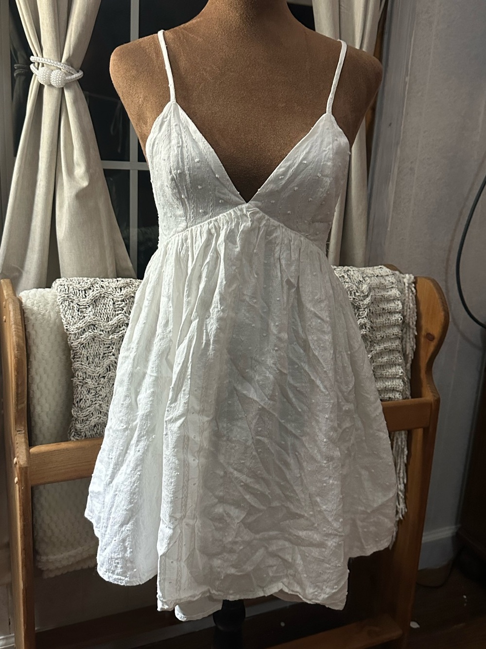 SHEIN White Swiss Dot Mini Dress XS US 2 Open Back Tie Cottagecore Sundress